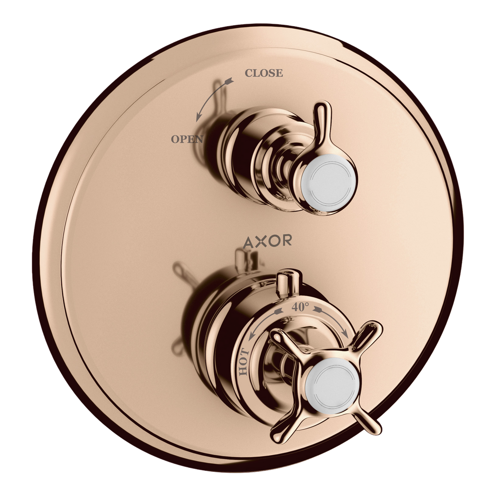 AXOR Montreux Concealed Shower Thermostat with Cross Handle and Shut-Off Valve from Brandt in Polished Red Gold finish