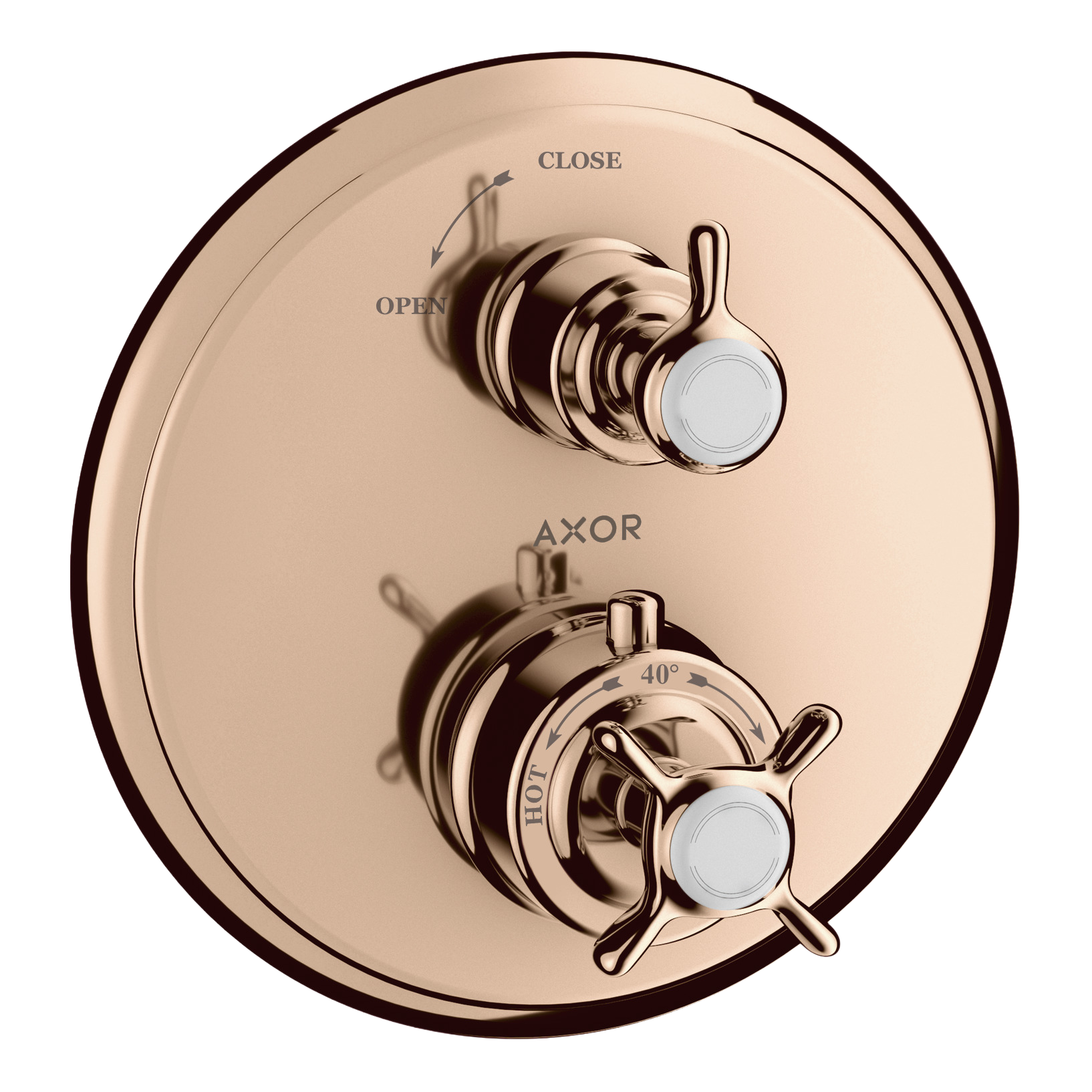 AXOR Montreux Concealed Shower Thermostat with Cross Handle and Shut-Off Valve from Brandt in Polished Red Gold finish