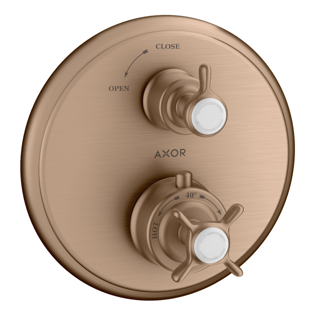 AXOR Montreux Concealed Shower Thermostat with Cross Handle and Shut-Off Valve from Brandt in Brushed Red Gold finish