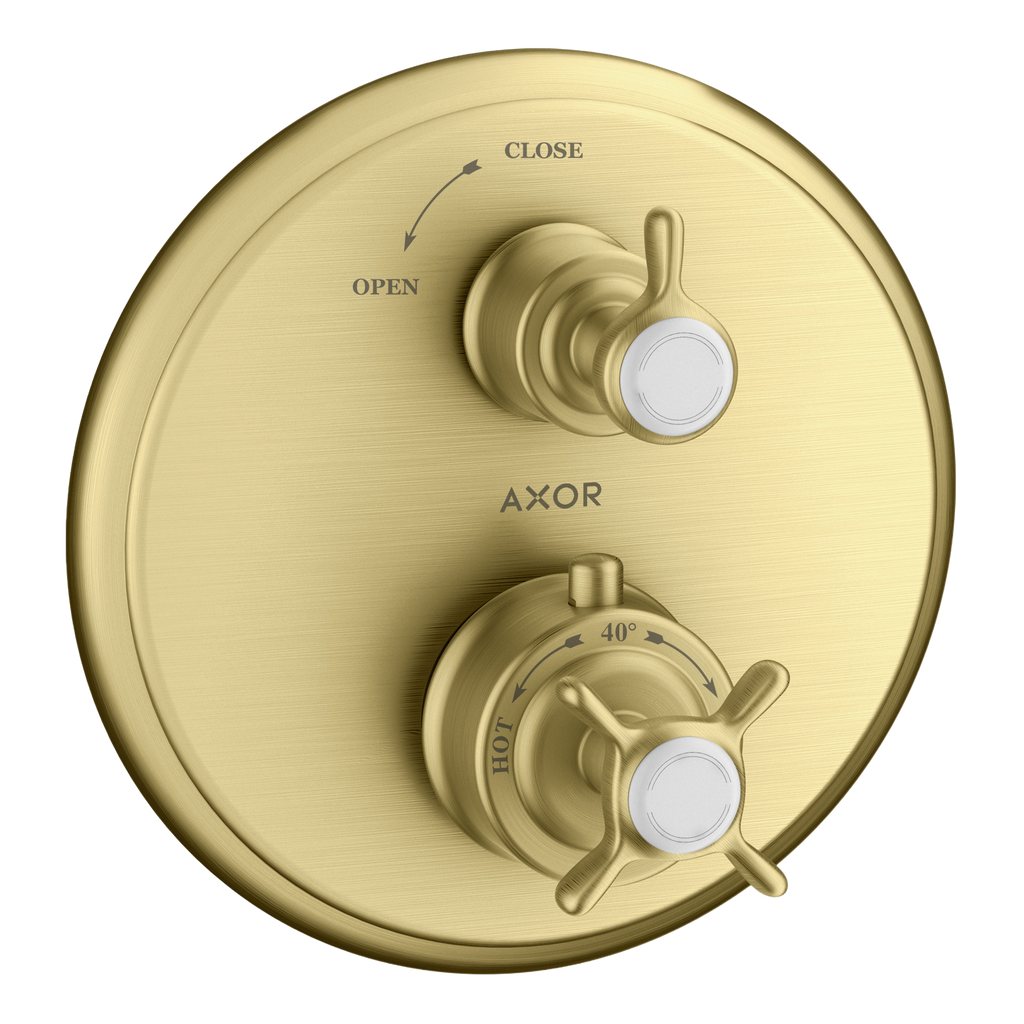 AXOR Montreux Concealed Shower Thermostat with Cross Handle and Shut-Off Valve from Brandt in Brushed Brass finish