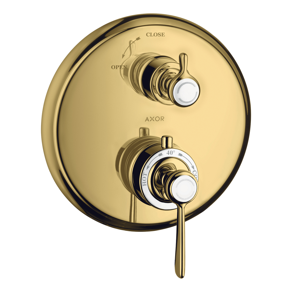 AXOR Montreux Concealed Shower Thermostat with Lever Handle and Shut-Off Valve from Brandt in Polished Gold Optic finish