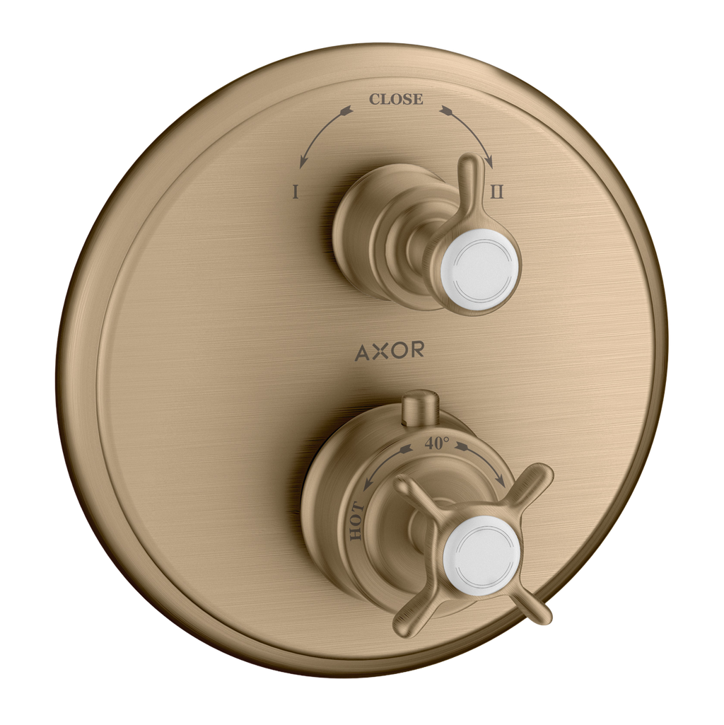 AXOR Montreux Concealed Shower Thermostat with Cross Handle and Shut-Off Diverter Valve from Brandt in Brushed Bronze finish