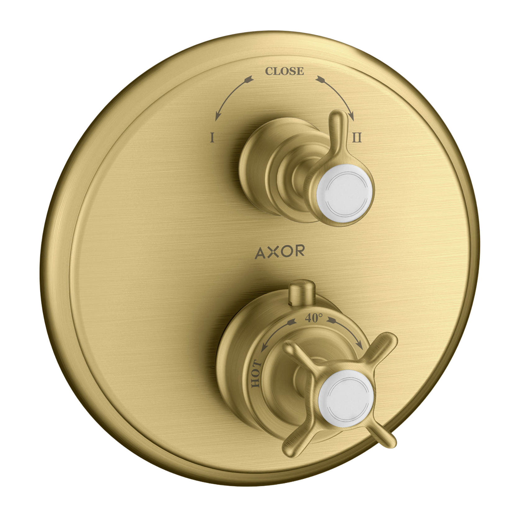 AXOR Montreux Concealed Shower Thermostat with Cross Handle and Shut-Off Diverter Valve from Brandt in Brushed Gold Optic finish