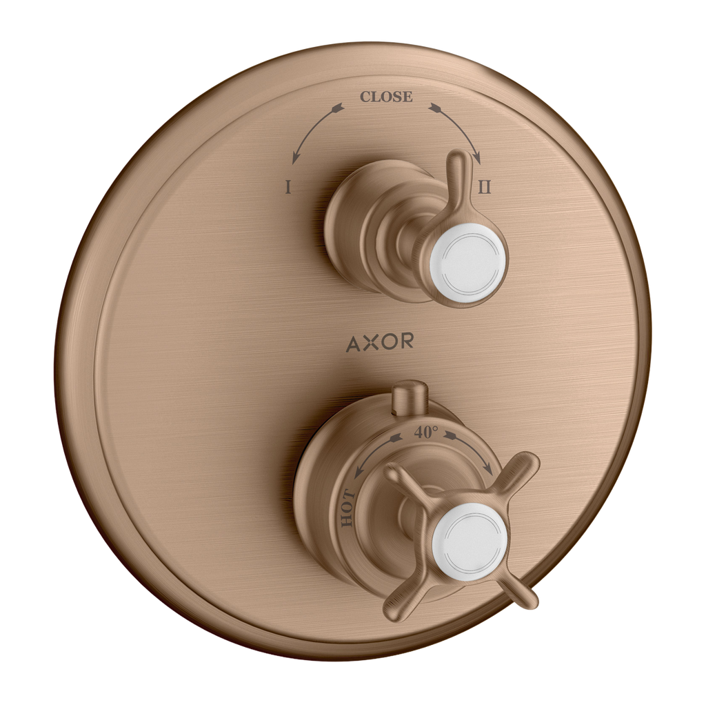 AXOR Montreux Concealed Shower Thermostat with Cross Handle and Shut-Off Diverter Valve from Brandt in Brushed Red Gold finish