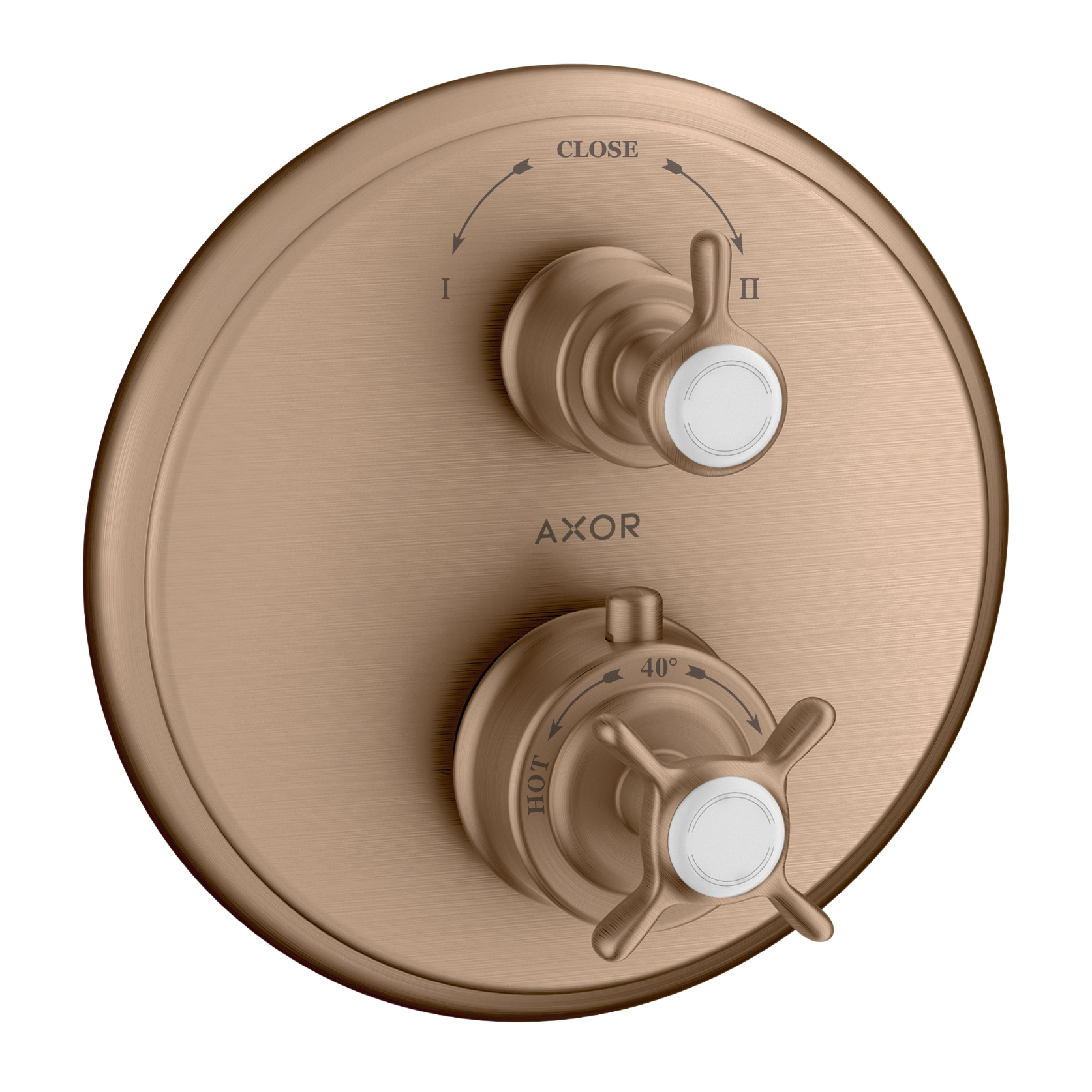 AXOR Montreux Concealed Shower Thermostat with Cross Handle and Shut-Off Diverter Valve from Brandt in Brushed Red Gold finish
