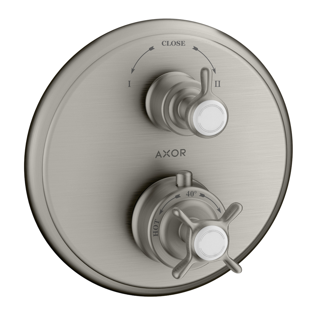 AXOR Montreux Concealed Shower Thermostat with Cross Handle and Shut-Off Diverter Valve from Brandt in Stainless Steel Optic finish