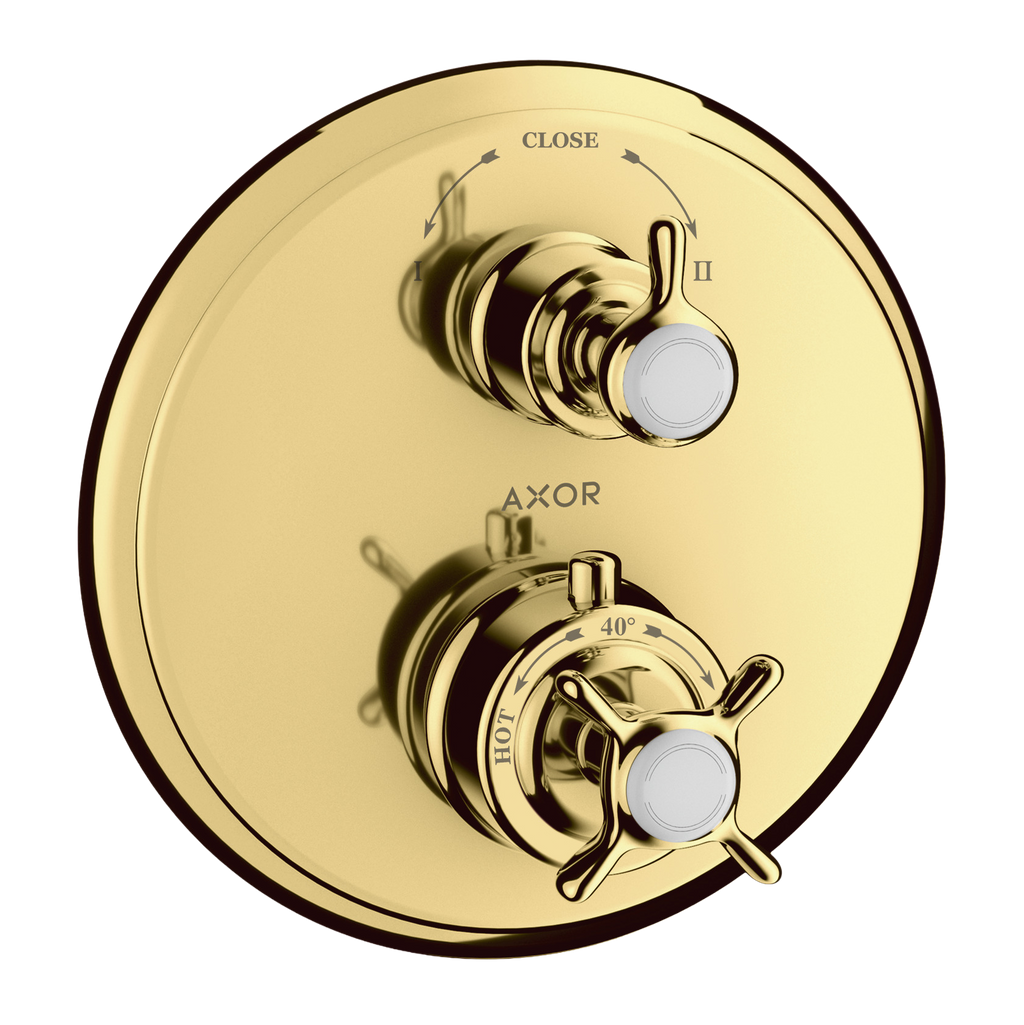 AXOR Montreux Concealed Shower Thermostat with Cross Handle and Shut-Off Diverter Valve from Brandt in Polished Gold Optic finish
