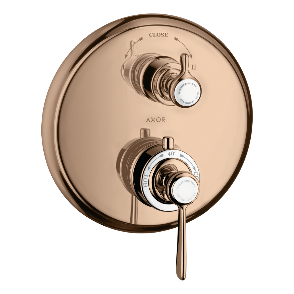 AXOR Montreux Concealed Shower Thermostat with Lever Handle and Shut-Off Diverter Valve from Brandt in Polished Red Gold finish