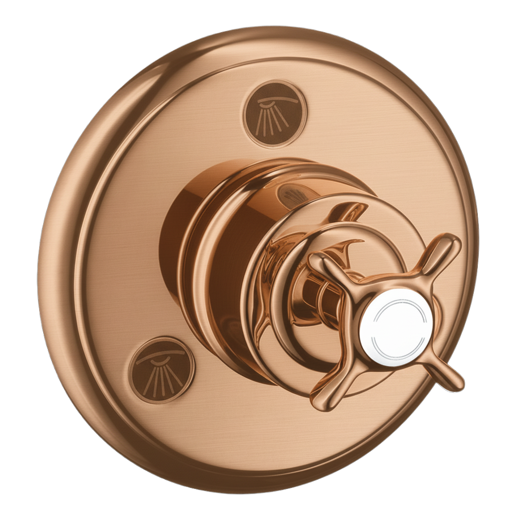 AXOR Montreux Trio Quattro Concealed Shut-Off Diverter Valve with Cross Handle from Brandt in Brushed Red Gold finish