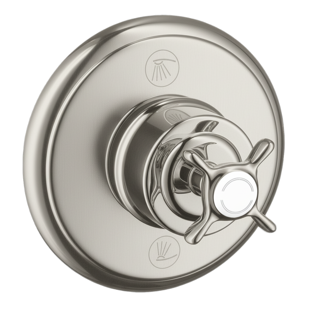 AXOR Montreux Trio Quattro Concealed Shut-Off Diverter Valve with Cross Handle from Brandt in Stainless Steel Optic finish