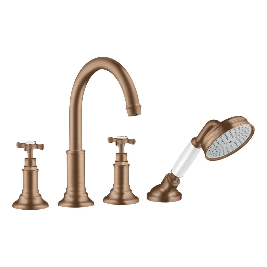 AXOR Montreux 4-Hole Tile-Mounted Bath & Shower Mixer Faucet with Cross Handles from Brandt in Brushed Red Gold finish