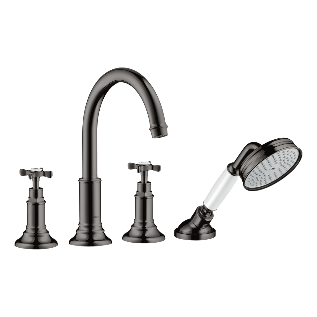 AXOR Montreux 4-Hole Tile-Mounted Bath & Shower Mixer Faucet with Cross Handles from Brandt in Polished Black Chrome finish