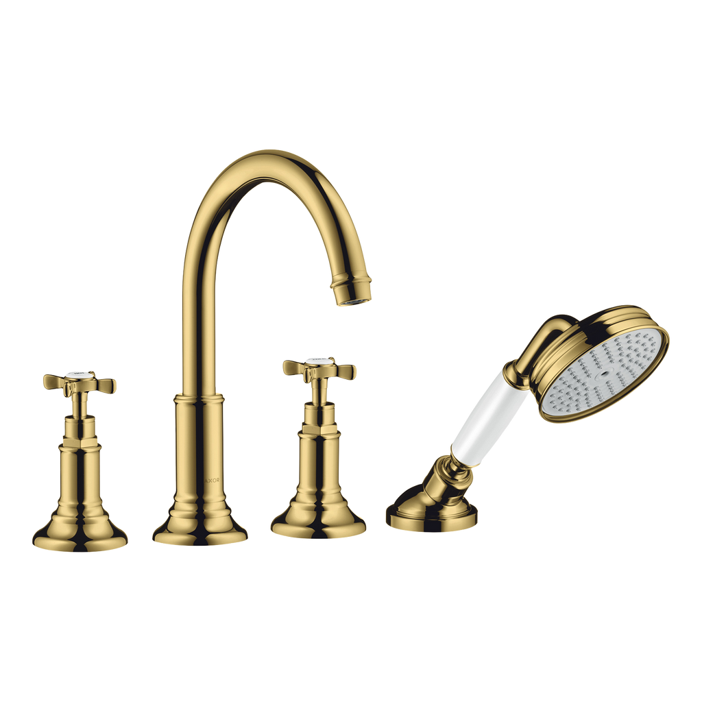 AXOR Montreux 4-Hole Tile-Mounted Bath & Shower Mixer Faucet with Cross Handles from Brandt in Polished Gold Optic finish