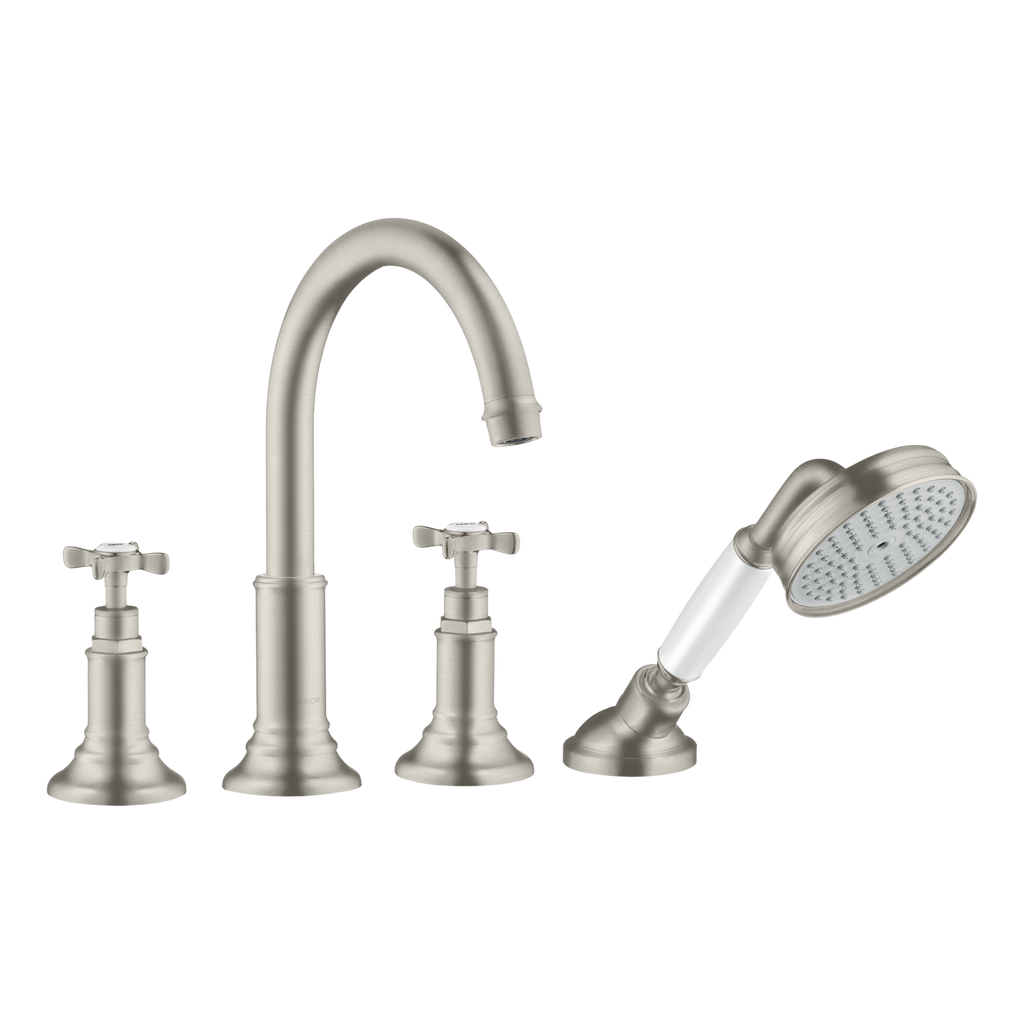AXOR Montreux 4-Hole Rim-Mounted Bath & Shower Mixer Faucet with Cross Handles from Brandt in Stainless Steel Optic finish