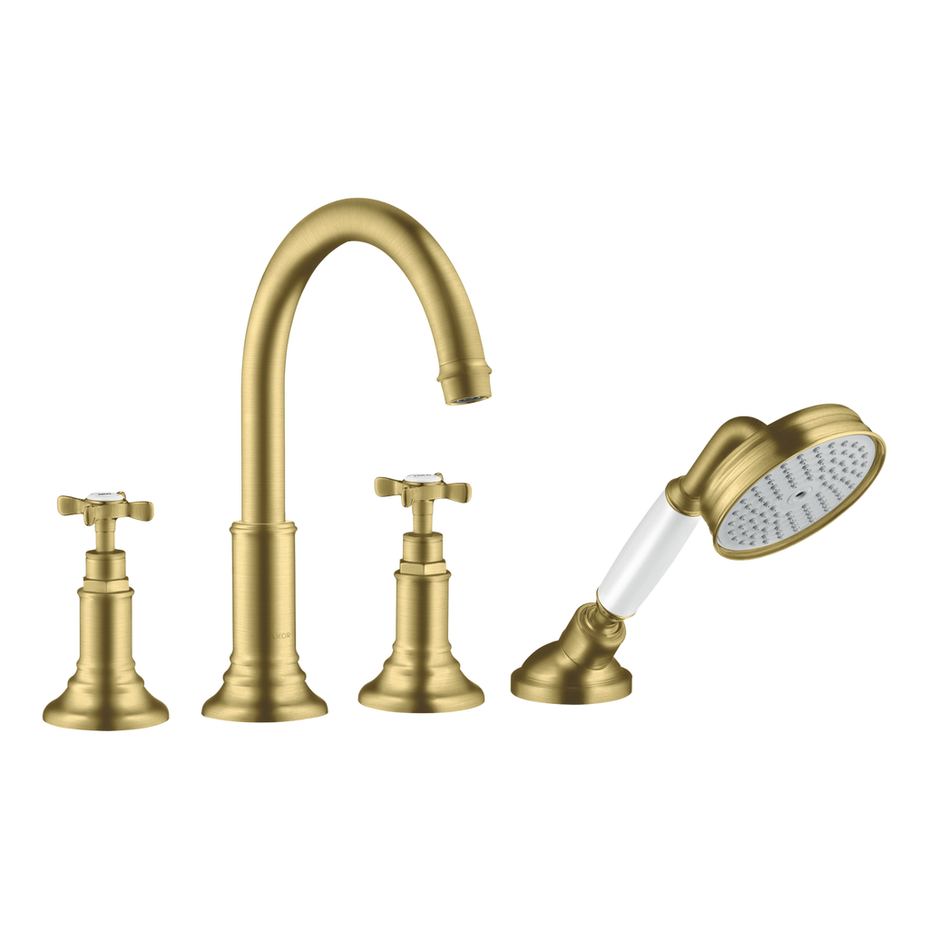 AXOR Montreux 4-Hole Rim-Mounted Bath & Shower Mixer Faucet with Cross Handles from Brandt in Brushed Brass finish