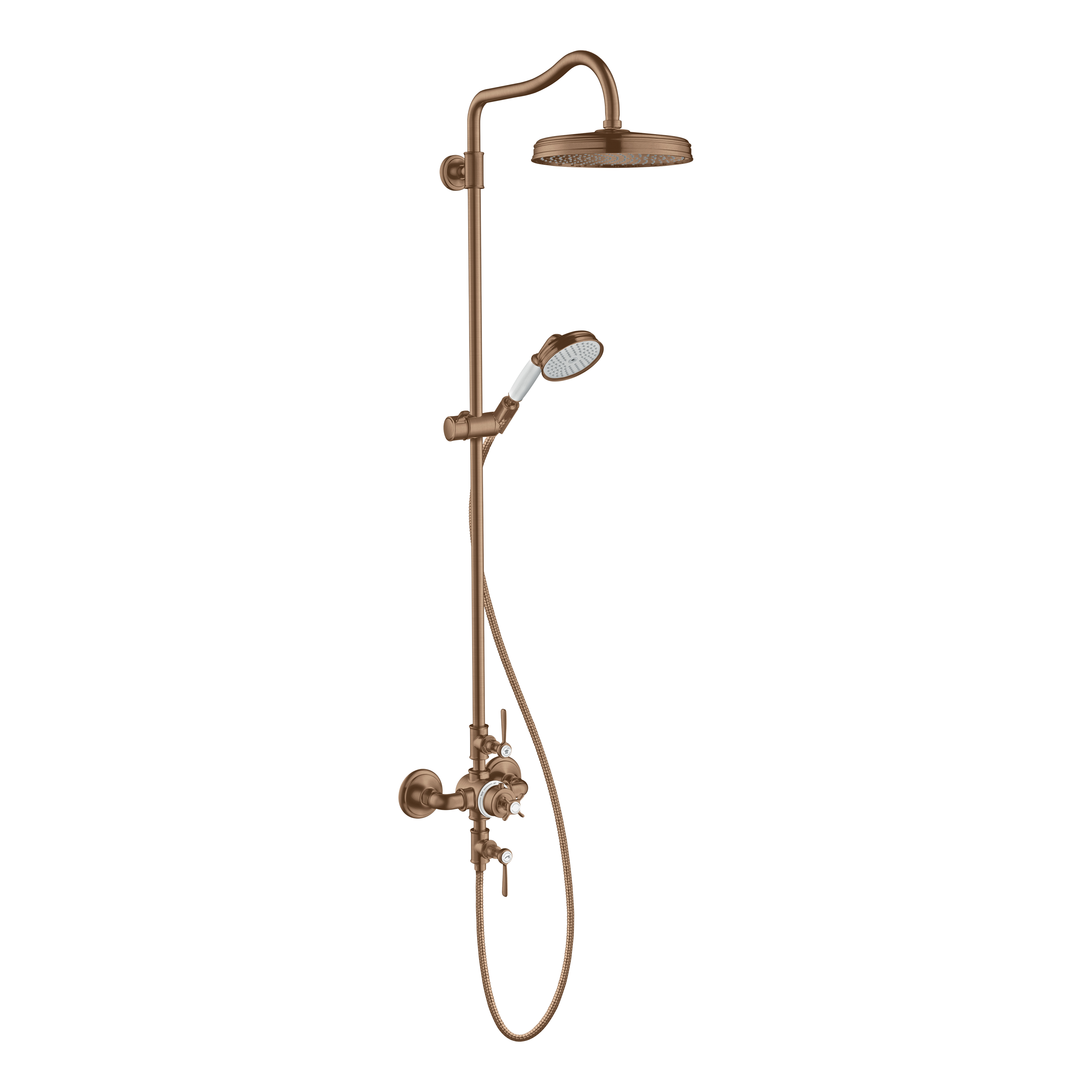 AXOR Montreux Shower Column with Thermostat and Overhead Shower 240 1jet from Brandt in Brushed Red Gold finish