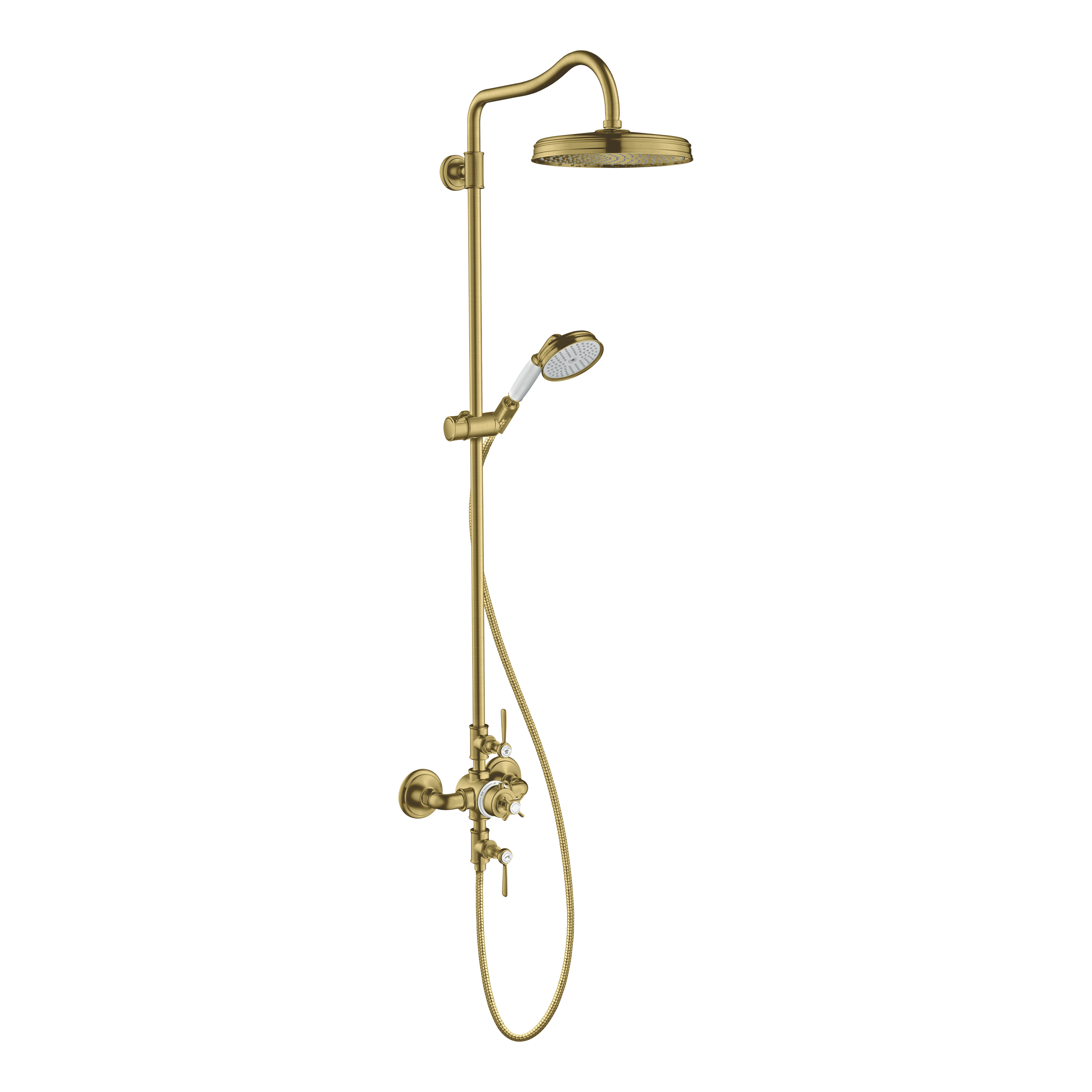 AXOR Montreux Shower Column with Thermostat and Overhead Shower 240 1jet from Brandt in Brushed Brass finish