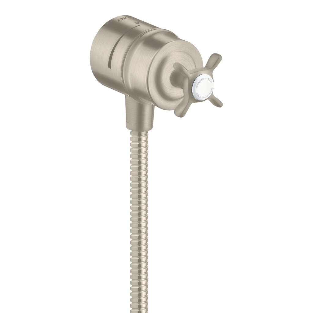 AXOR Montreux Wall Outlet Stop with Non-Return Valve, Shut-Off Valve and Cross Handle from Brandt in Brushed Nickel finish