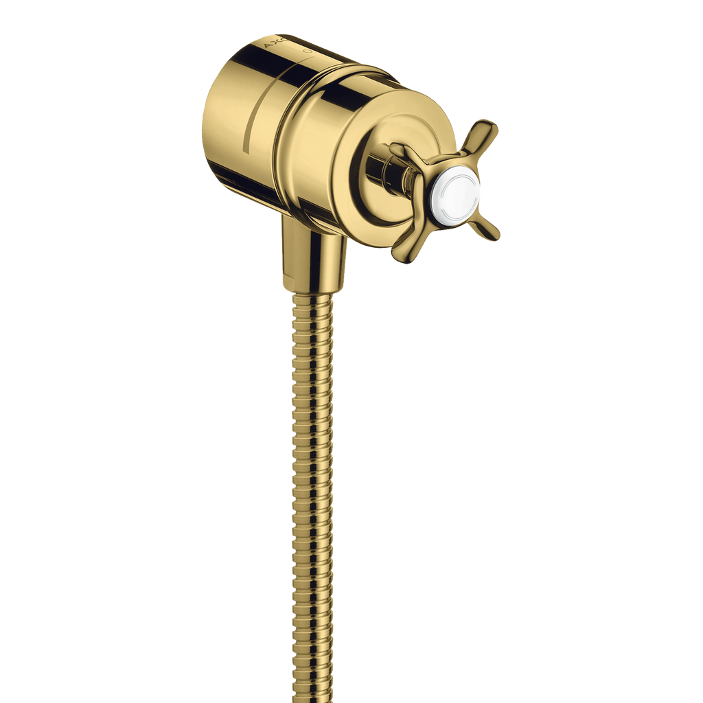 AXOR Montreux Wall Outlet Stop with Non-Return Valve, Shut-Off Valve and Cross Handle from Brandt in Polished Gold Optic finish