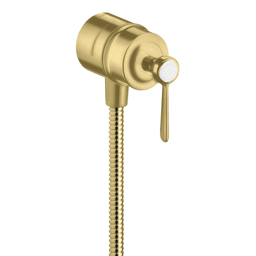 AXOR Montreux Wall Outlet Stop with Non-Return Valve, Shut-Off Valve and Lever Handles from Brandt in Brushed Brass finish