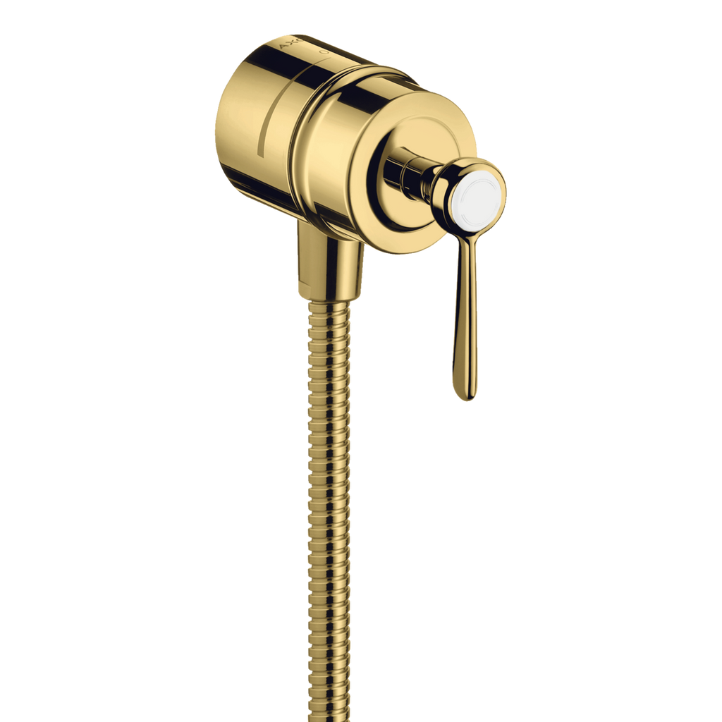 AXOR Montreux Wall Outlet Stop with Non-Return Valve, Shut-Off Valve and Lever Handles from Brandt in Polished Gold Optic finish