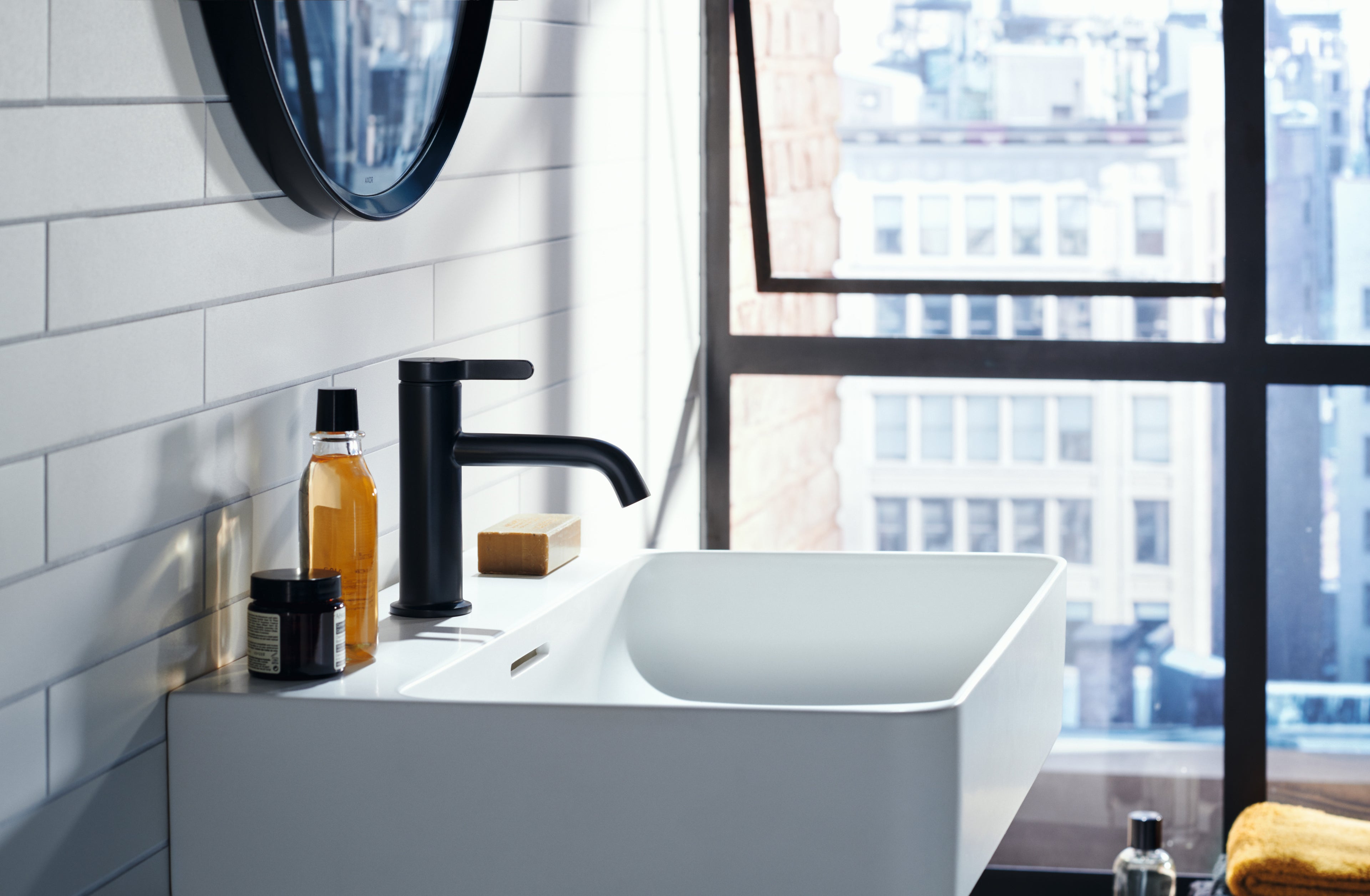 AXOR One Single Lever Handle Basin Mixer Faucet 70 with Open Waste Set from Brandt in Matt Black finish