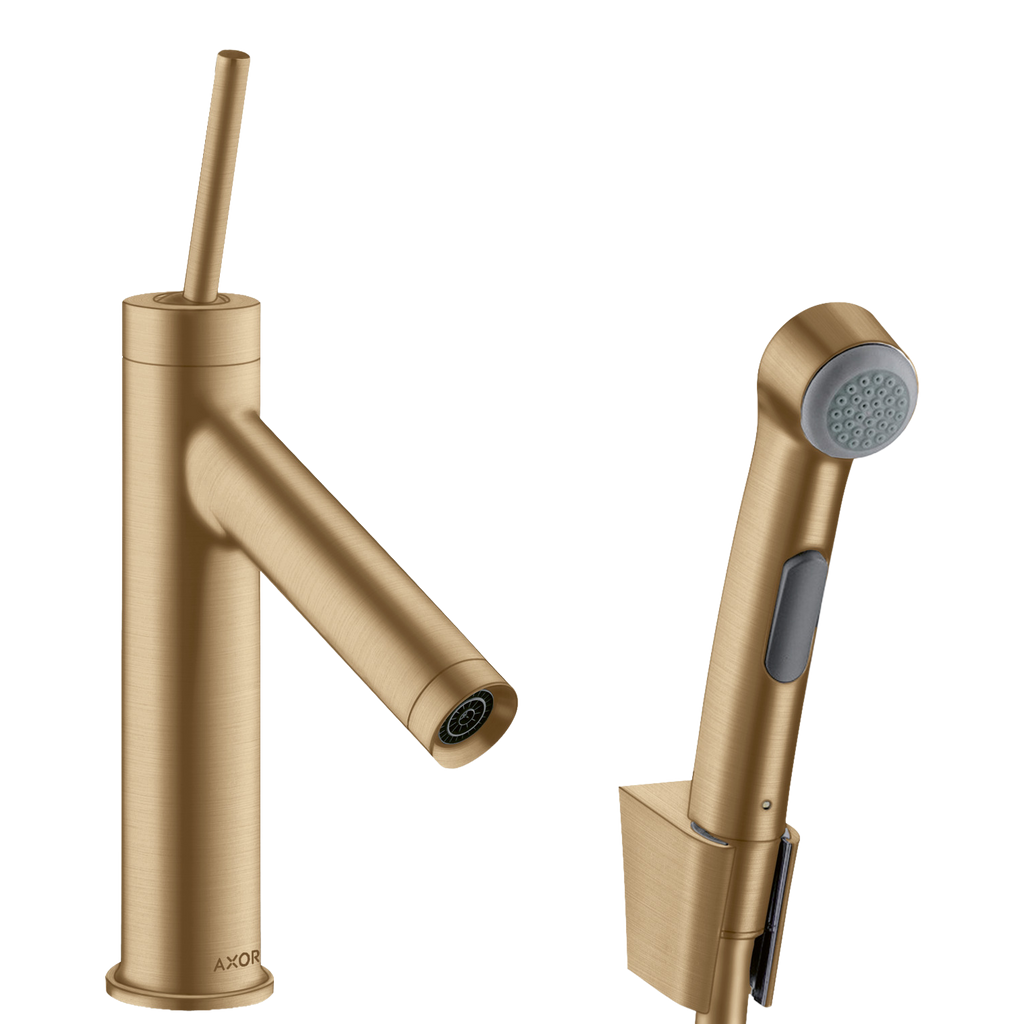 AXOR Starck Single Pin Handle Basin Mixer Faucet 90 with Bidette Hand Shower from Brandt in Brushed Bronze finish