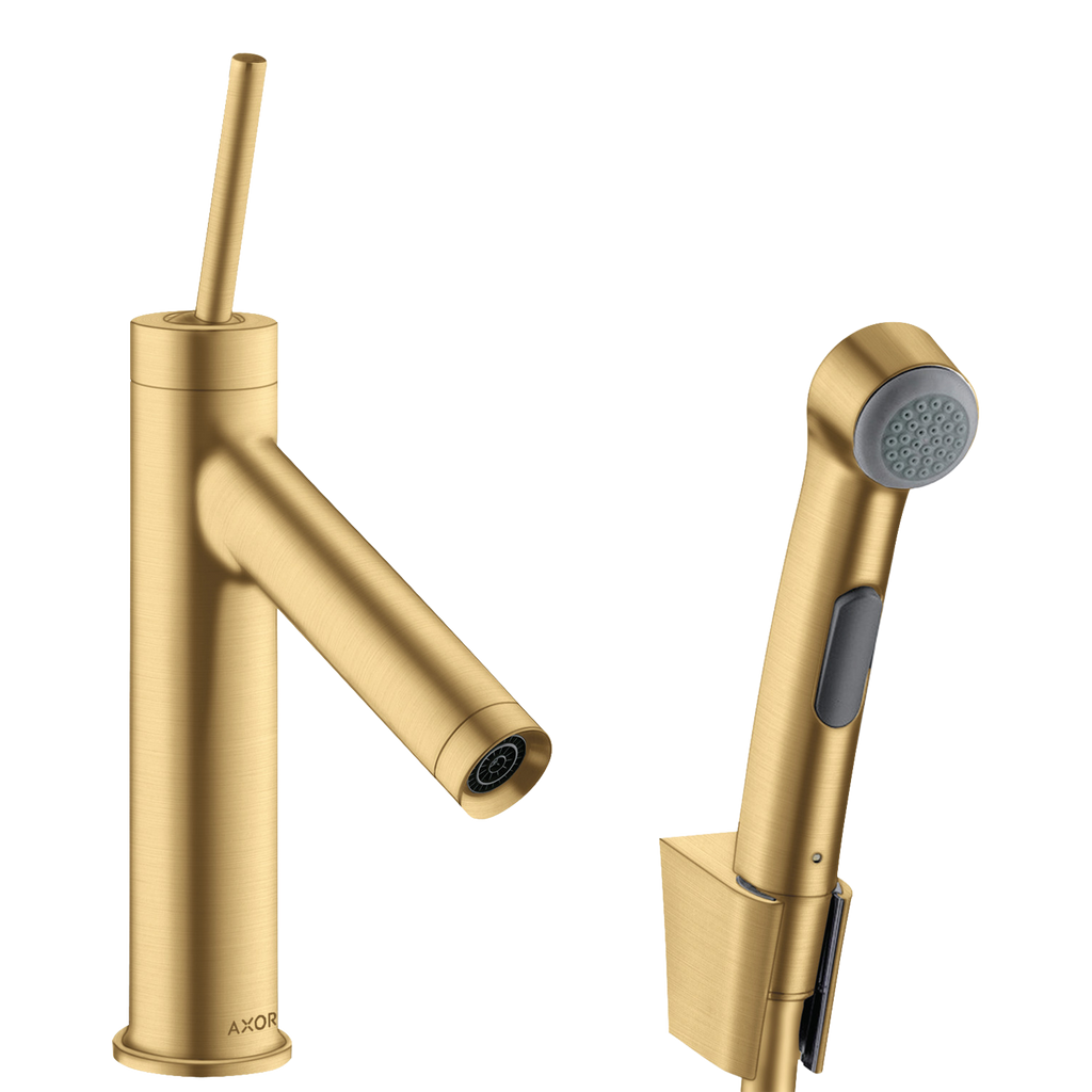 AXOR Starck Single Pin Handle Basin Mixer Faucet 90 with Bidette Hand Shower from Brandt in Brushed Gold Optic finish