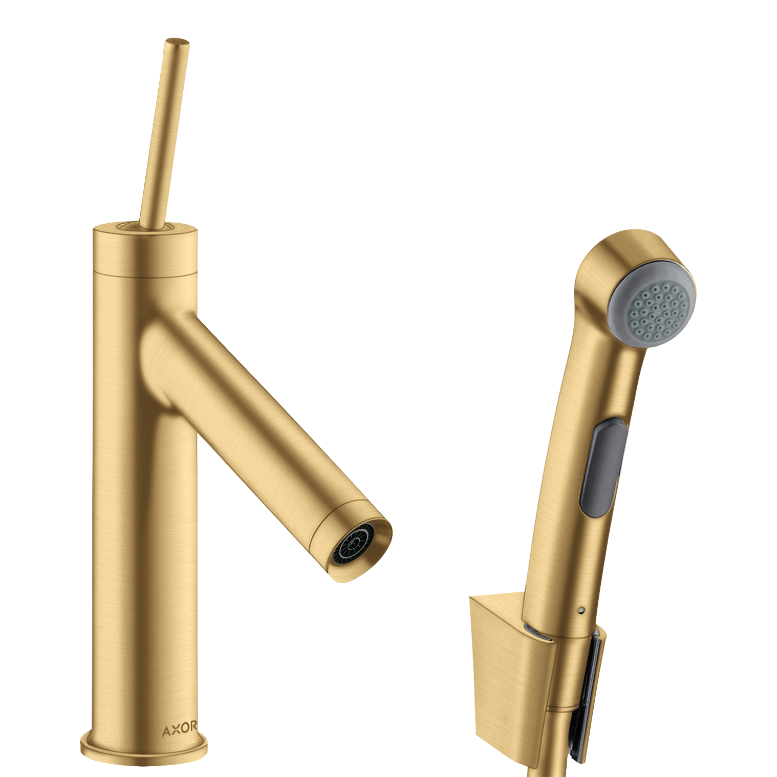 AXOR Starck Single Pin Handle Basin Mixer Faucet 90 with Bidette Hand Shower from Brandt in Brushed Gold Optic finish