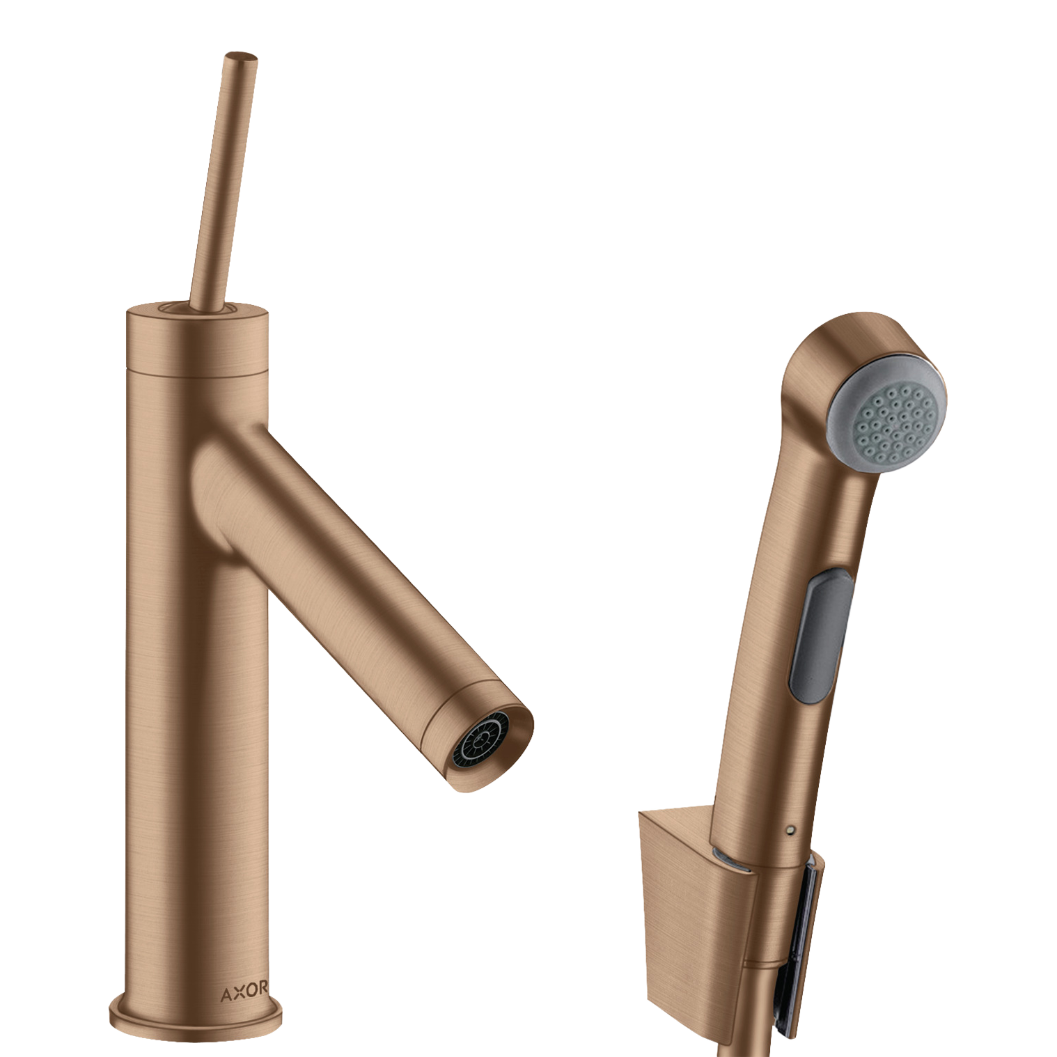 AXOR Starck Single Pin Handle Basin Mixer Faucet 90 with Bidette Hand Shower from Brandt in Brushed Red Gold finish
