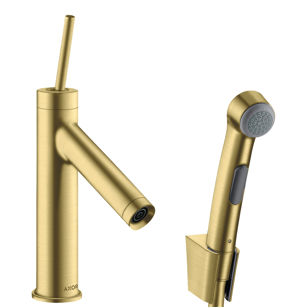 AXOR Starck Single Pin Handle Basin Mixer Faucet 90 with Bidette Hand Shower from Brandt in Brushed Brass finish