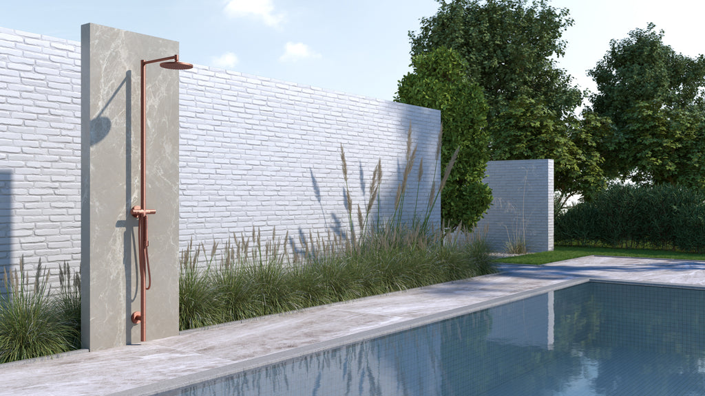 AXOR Starck Nature Outdoor Shower Column with Overhead Shower 240 1jet from Brandt in Brushed Red Gold finish