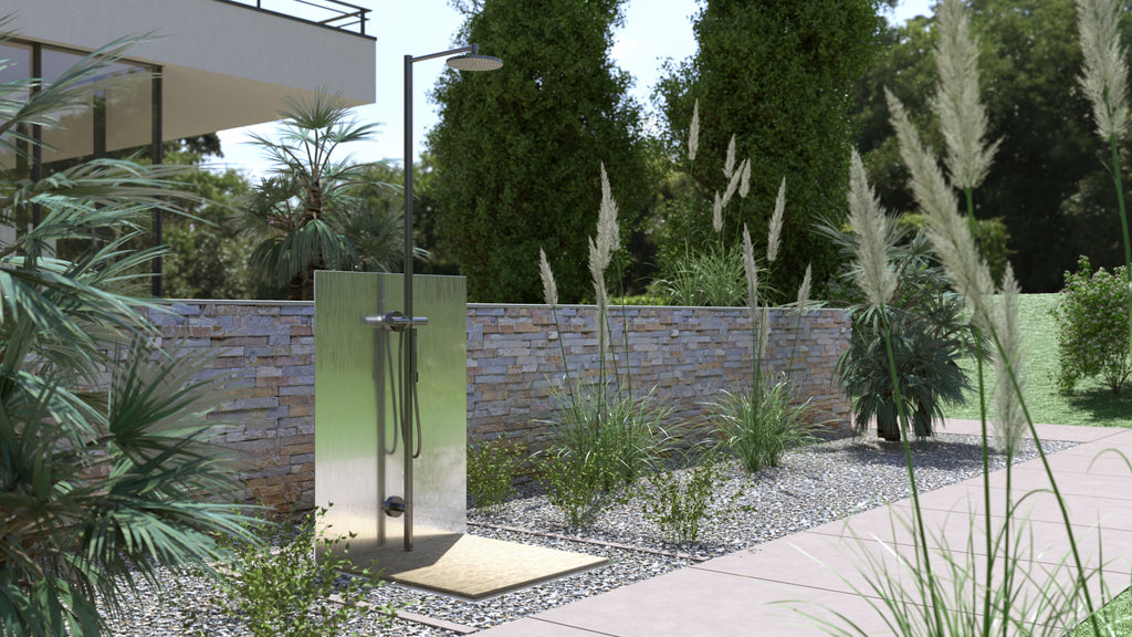AXOR Starck Nature Outdoor Shower Column with Overhead Shower 240 1jet from Brandt in Polished Black Chrome finish