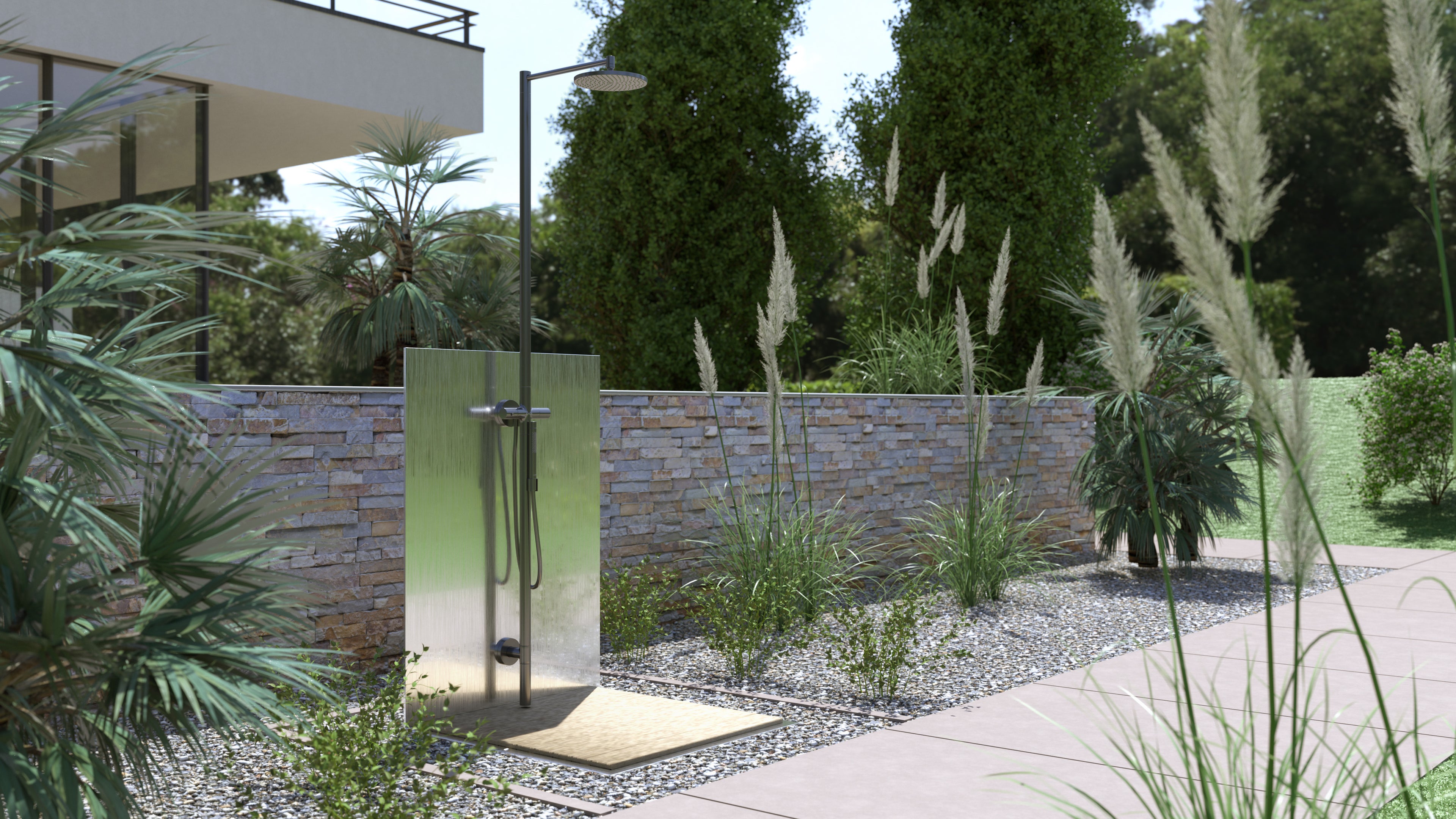 AXOR Starck Nature Outdoor Shower Column with Overhead Shower 240 1jet from Brandt in Polished Black Chrome finish