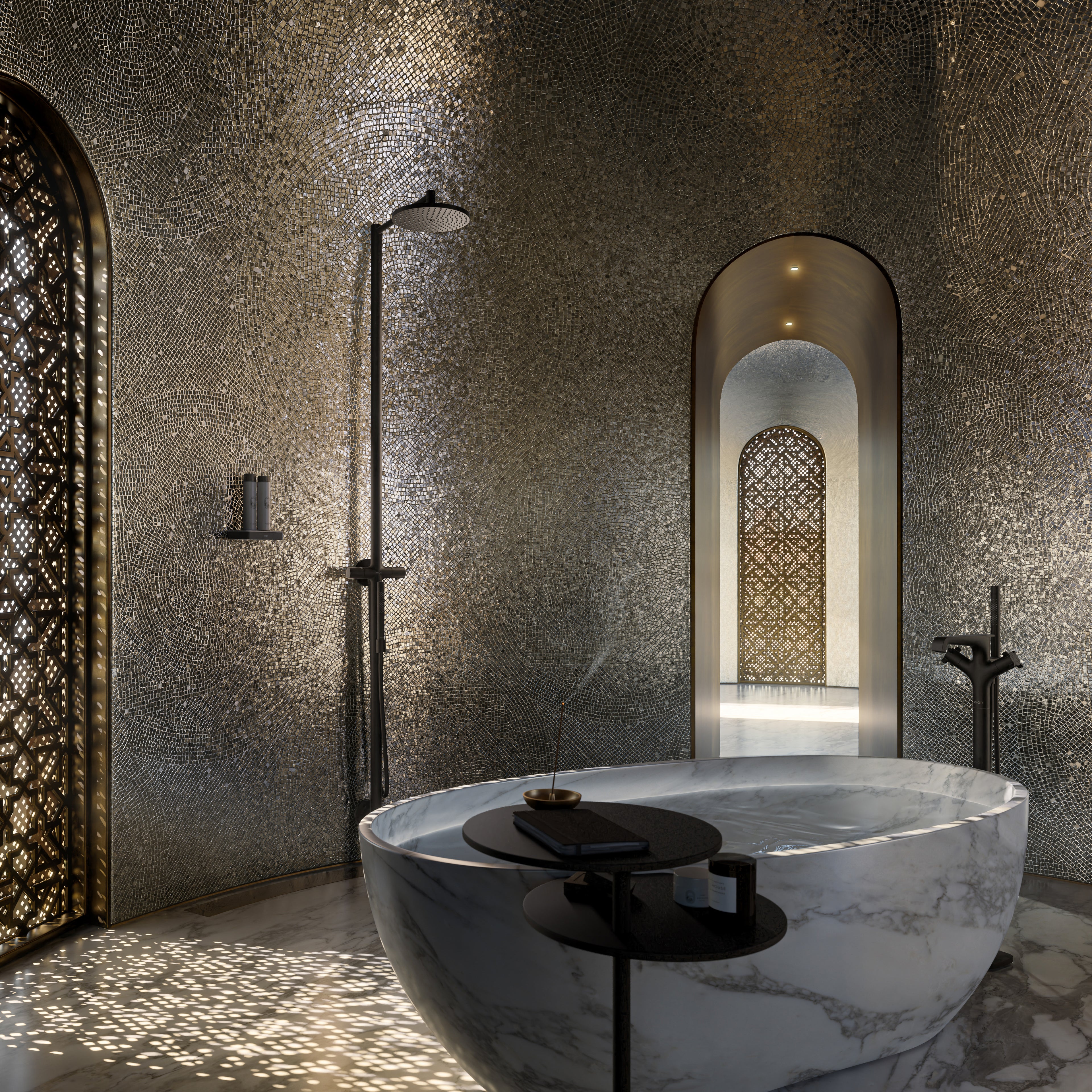 AXOR Starck Shower Column with Thermostat and Overhead Shower 240 1jet from Brandt in Matt Black finish