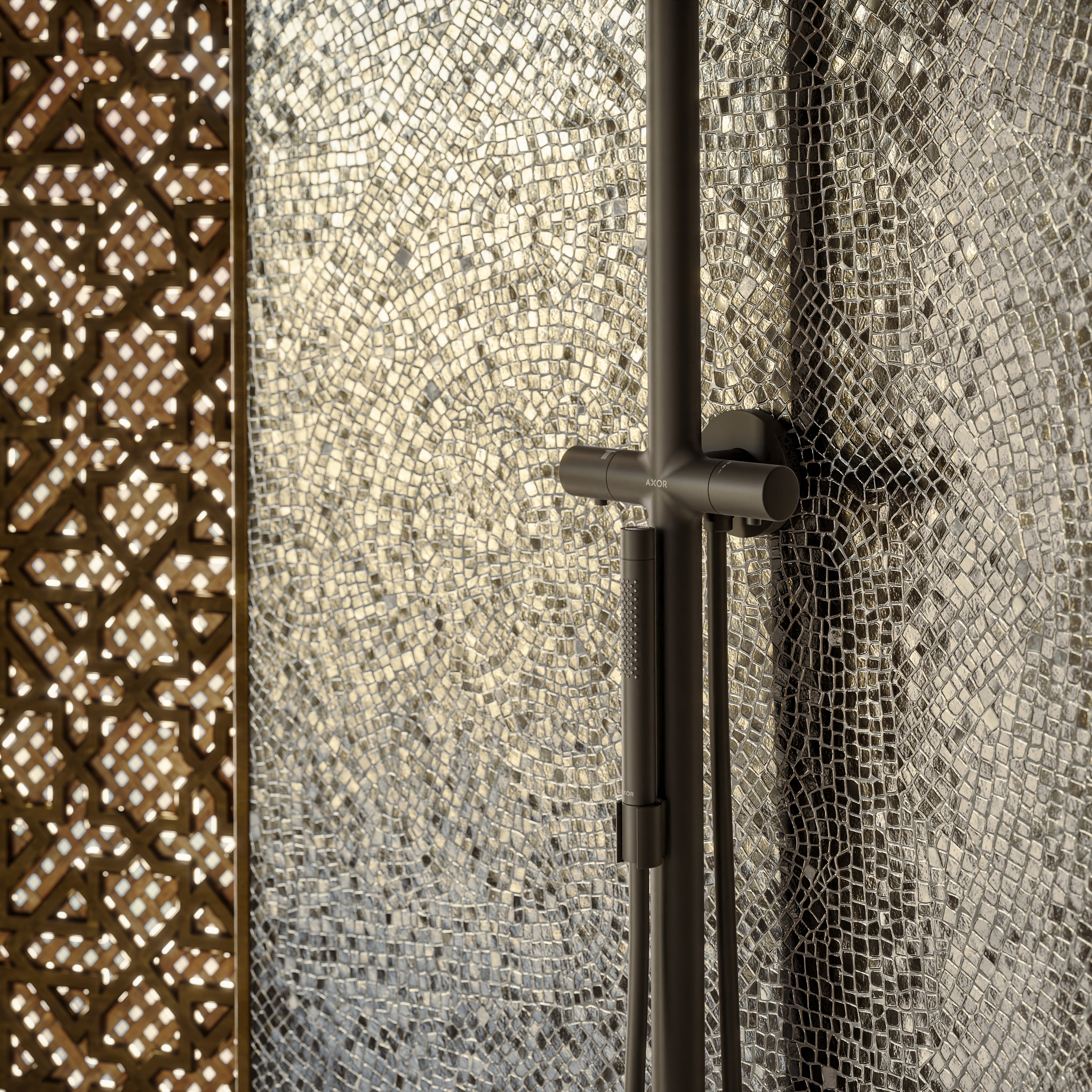 AXOR Starck Shower Column with Thermostat and Overhead Shower 240 1jet from Brandt in Matt Black finish