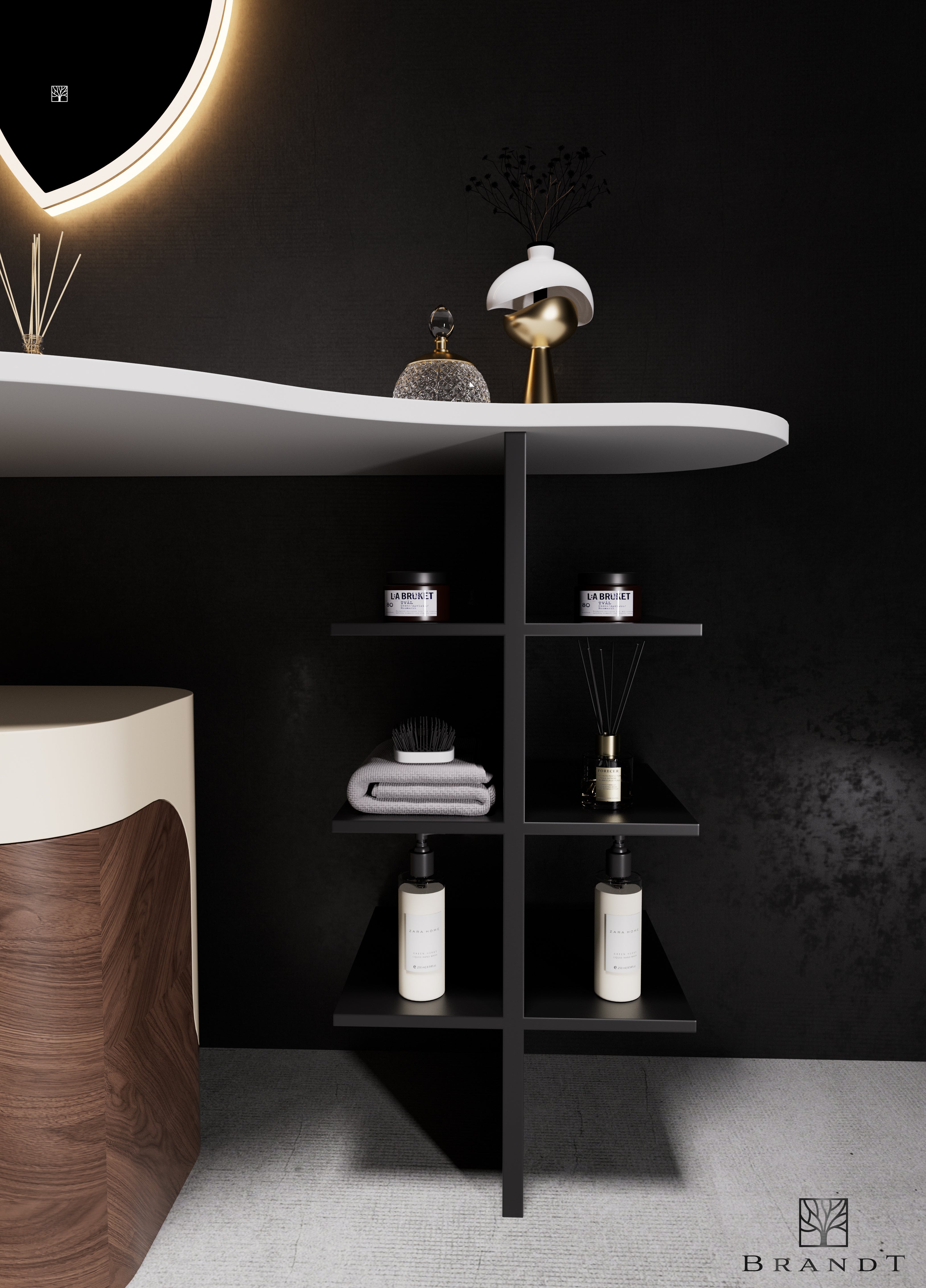 Nærbolde av sort hylle for oppbevaring på Arcana baderomsinnredning av høyeste kvalitet.