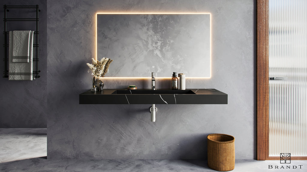 EDGE 120 cm Vegghengt Servant sett forfra i Sort Marmorliknende Astral Black fra Brandt Bad med servantbatteri ARM071 og vannlås XACC167 i Black Chrome fra Tapwell.