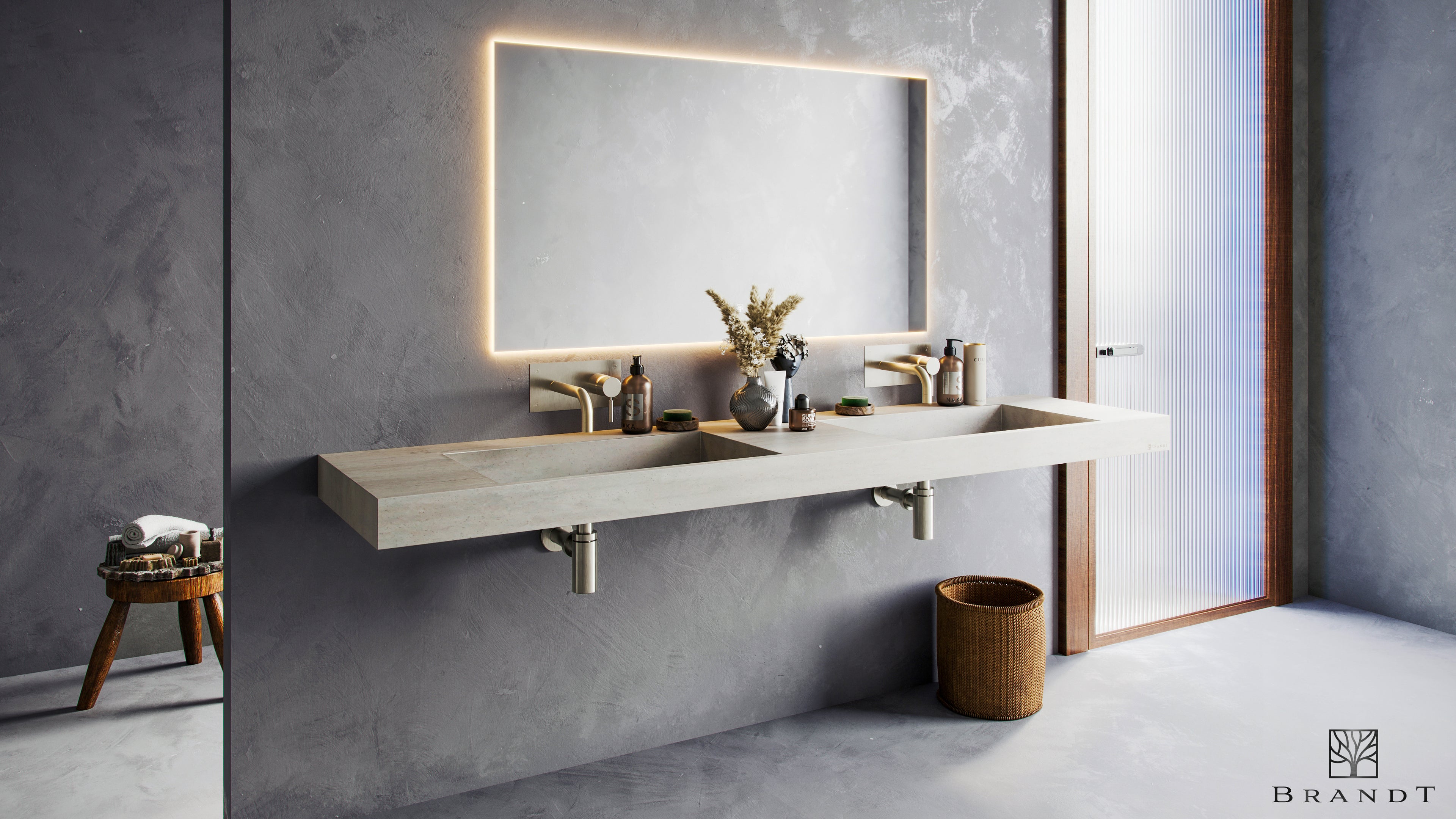 EDGE 180 cm Vegghengt Dobbelservant sett skrått forfra i Betongliknende Lunar Grey fra Brandt Bad med vegghengt servantbatteri BOX006 og vannlås XACC167 i Brushed Nickel fra Tapwell.